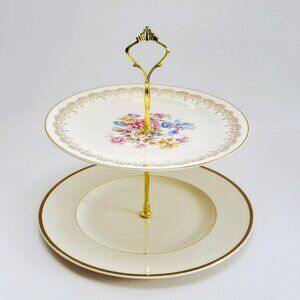 Vintage Mismatched 2 Tiered Dessert Stand, Elegant Floral & Gold, Old of a Kind